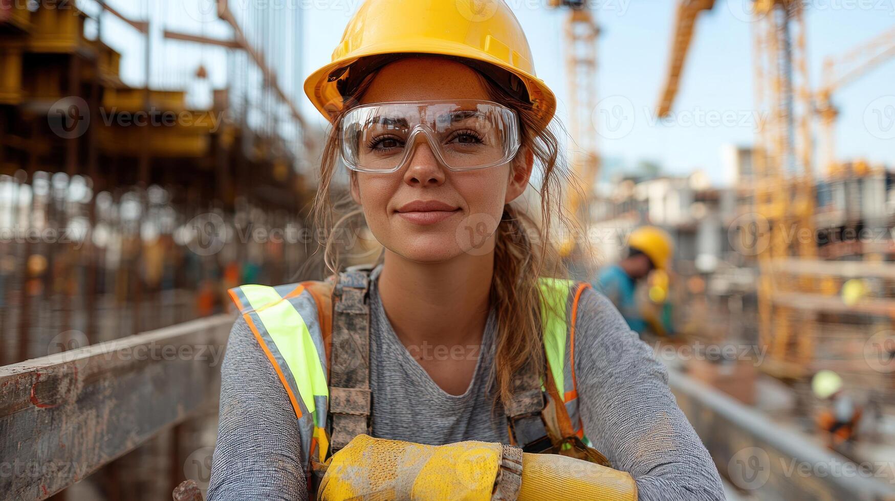 A determined worker shines on a construction site, surrounded by cranes and teamwork photo