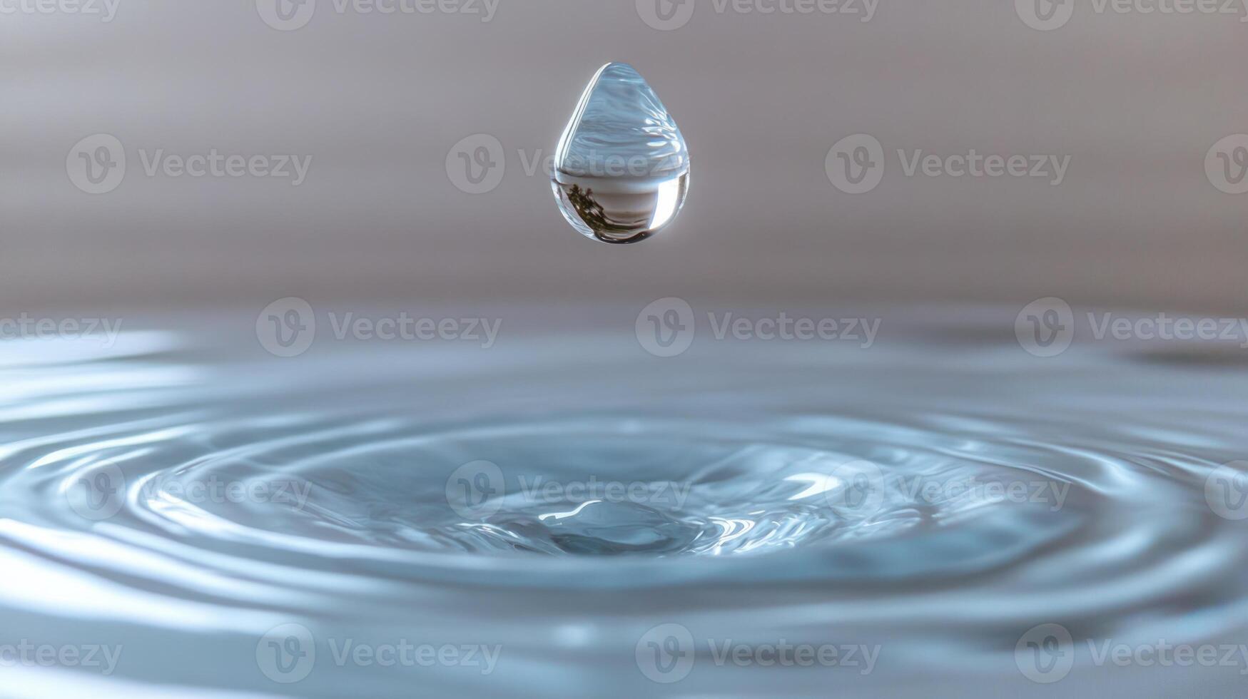A crystal-clear drop hangs suspended above a calm surface, about to create graceful ripples below photo