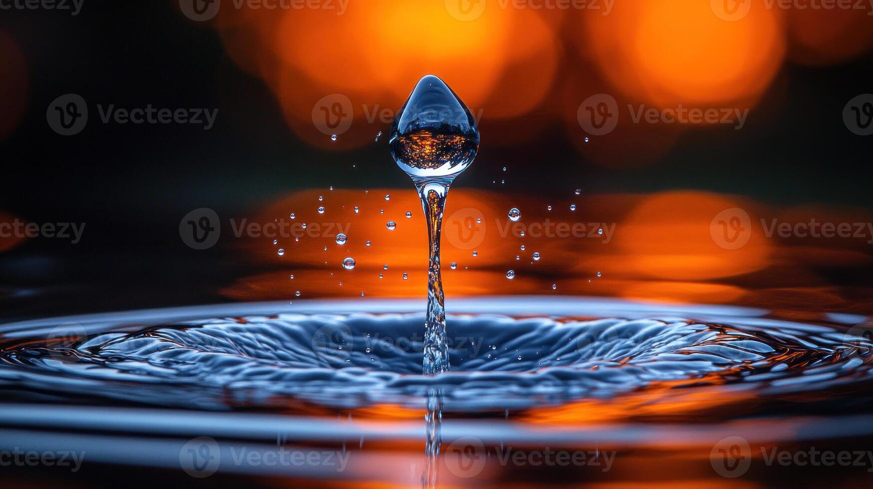 A delicate droplet creates ripples in calm water, reflecting the warm colors of the setting sun photo