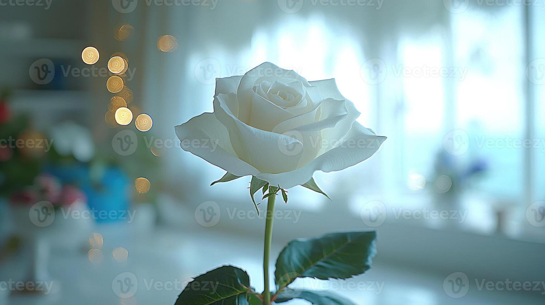 Delicate white rose stands gracefully, illuminated by soft light in a tranquil indoor setting photo