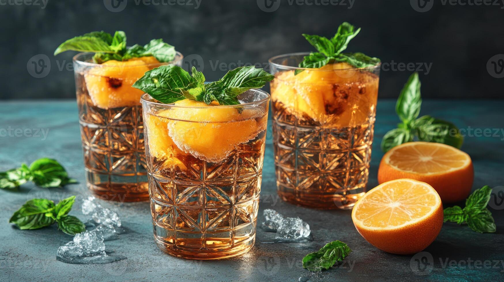 Three sparkling beverages are garnished with fresh mint and citrus on a colorful tabletop photo