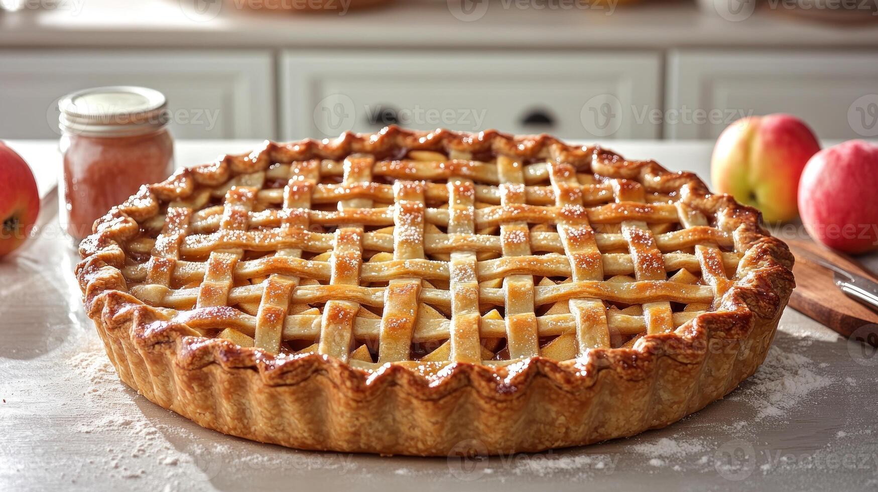 Freshly baked apple pie sits on a kitchen counter surrounded by fresh apples and rustic decor photo