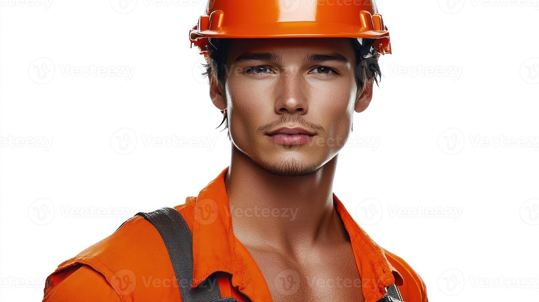 A confident worker proudly shows off safety gear against a plain backdrop photo