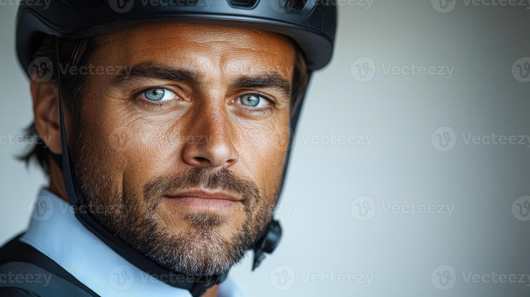 A man wearing a cycling helmet displays focus and readiness for an exciting ride outdoors photo