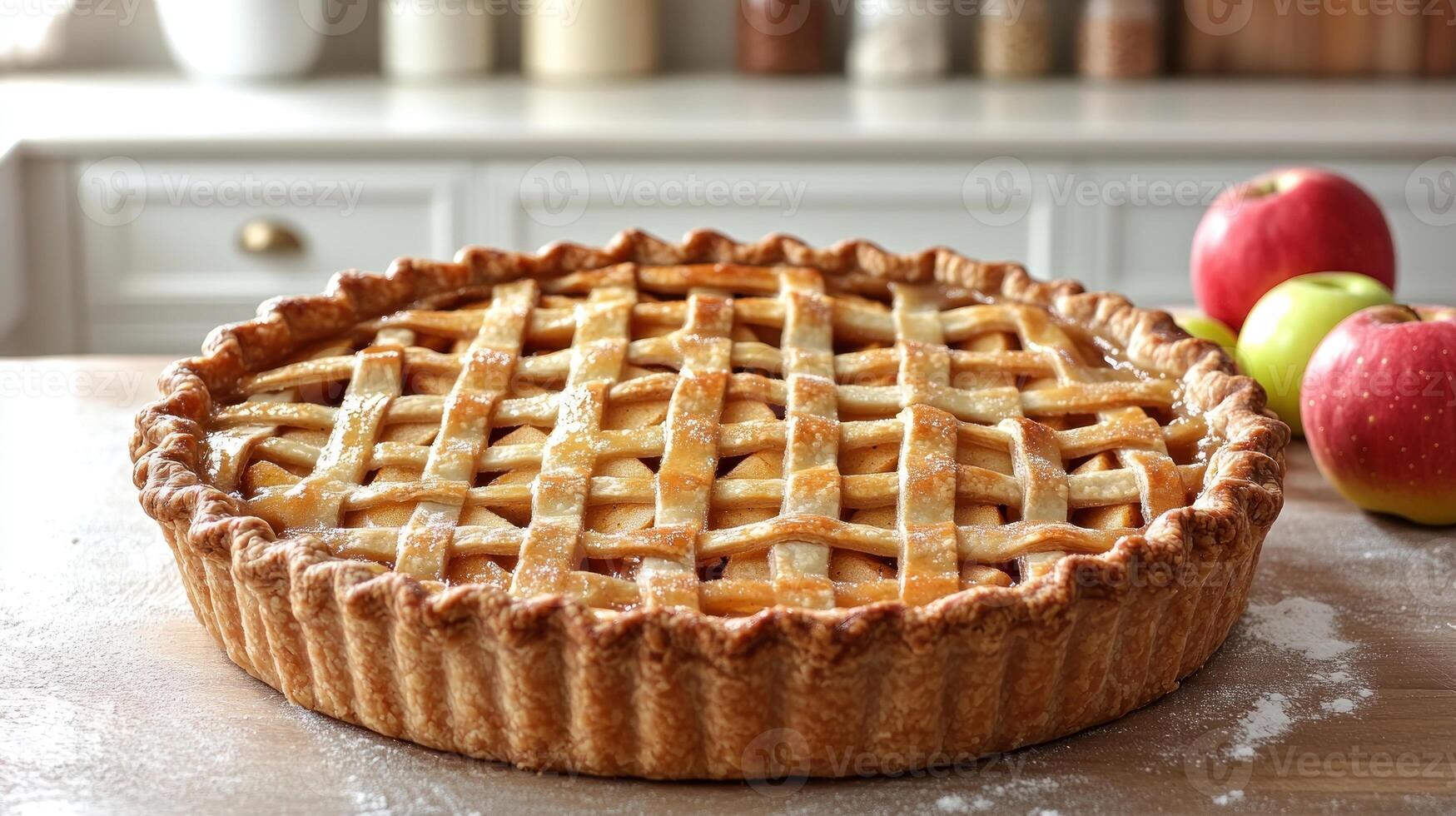 A warm apple pie sits on wood, creating a cozy atmosphere with nearby apples photo