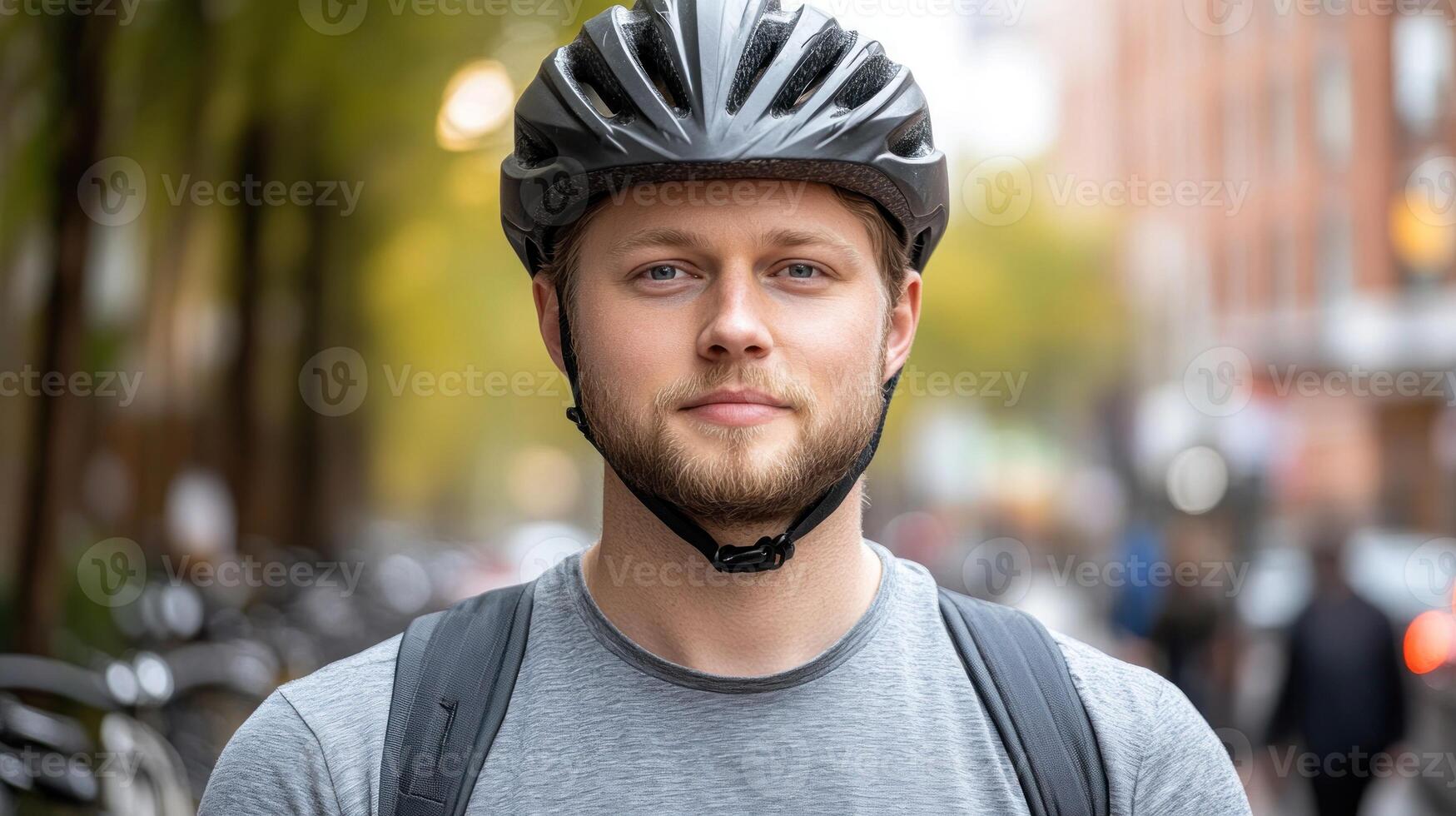 A young man wearing a helmet pauses on a lively city street surrounded by trees photo