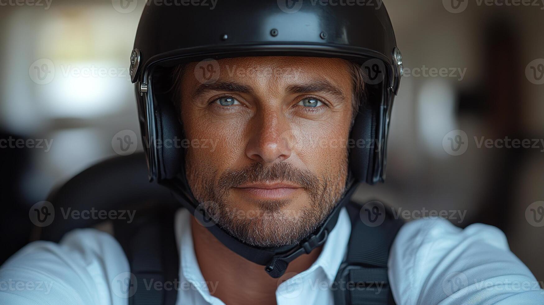 A skilled skydiver dons a helmet, focused and ready for an exciting leap from the aircraft photo