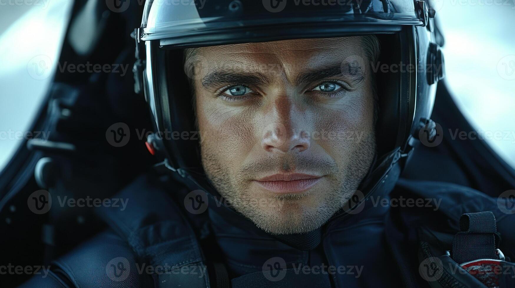 A pilot gazes intently, ready for action in a sleek cockpit, showcasing determination and readiness photo