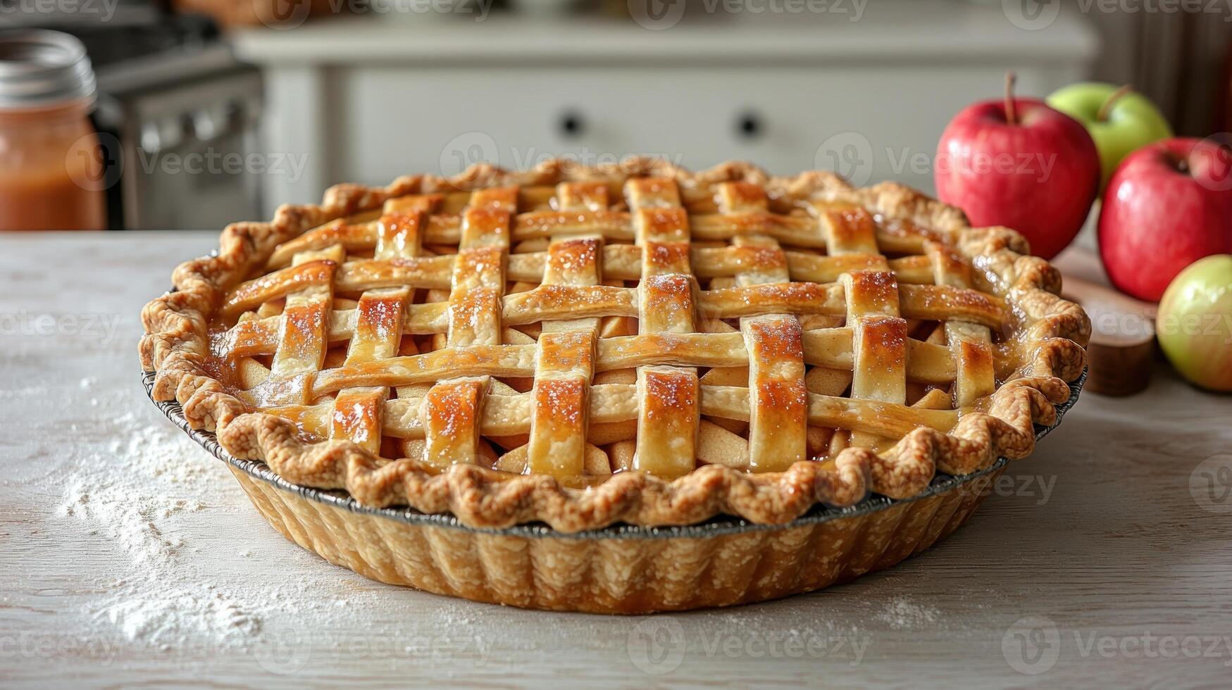 A tasty apple pie with a lattice crust sits on a wooden table next to fresh apples photo