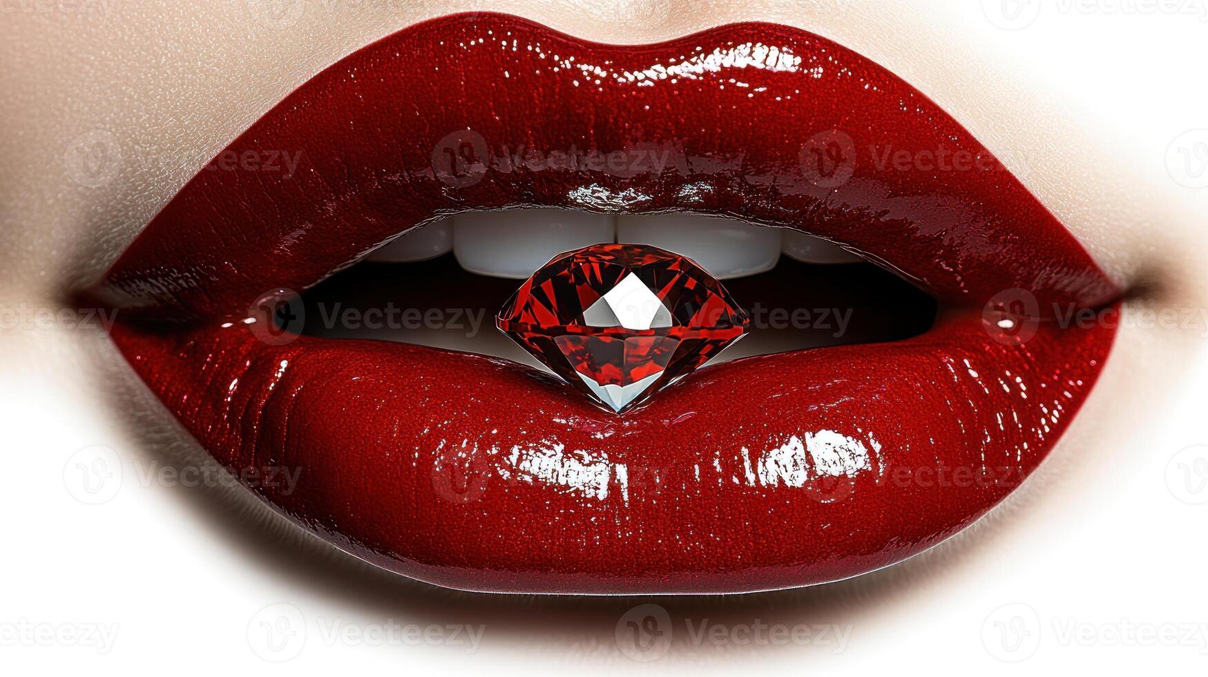 Luscious red lips embrace a sparkling jewel, embodying glamour and allure in a captivating moment photo