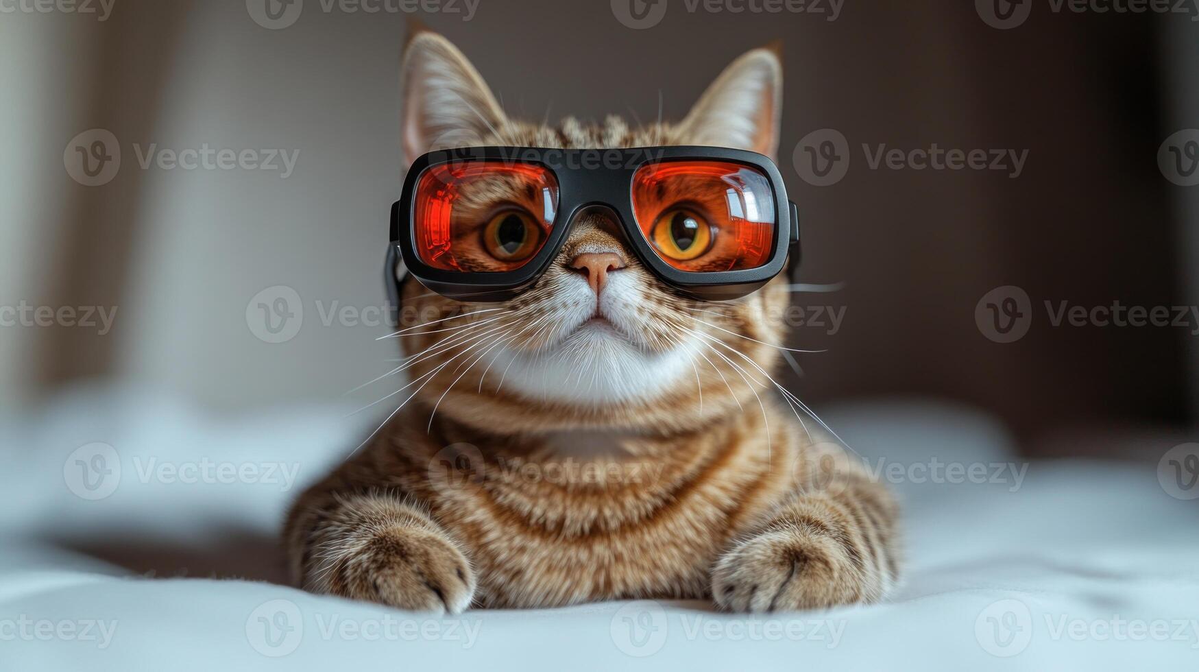 A playful tabby cat in red goggles relaxes on a soft surface, enjoying its cozy space photo