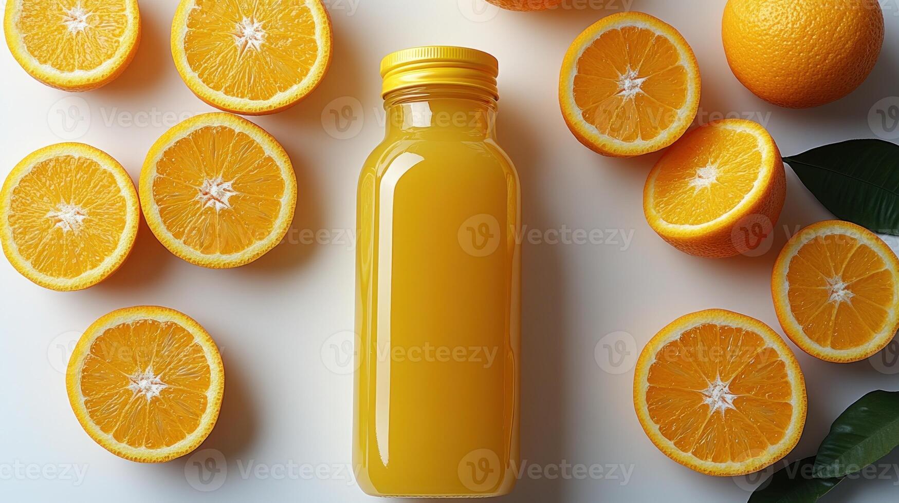 A vibrant bottle of orange juice sits among freshly sliced oranges, a true tropical delight photo