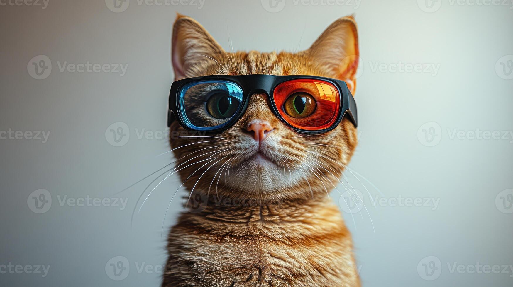 A playful orange cat dons vibrant glasses, exuding a whimsical charm in a cozy indoor setting photo