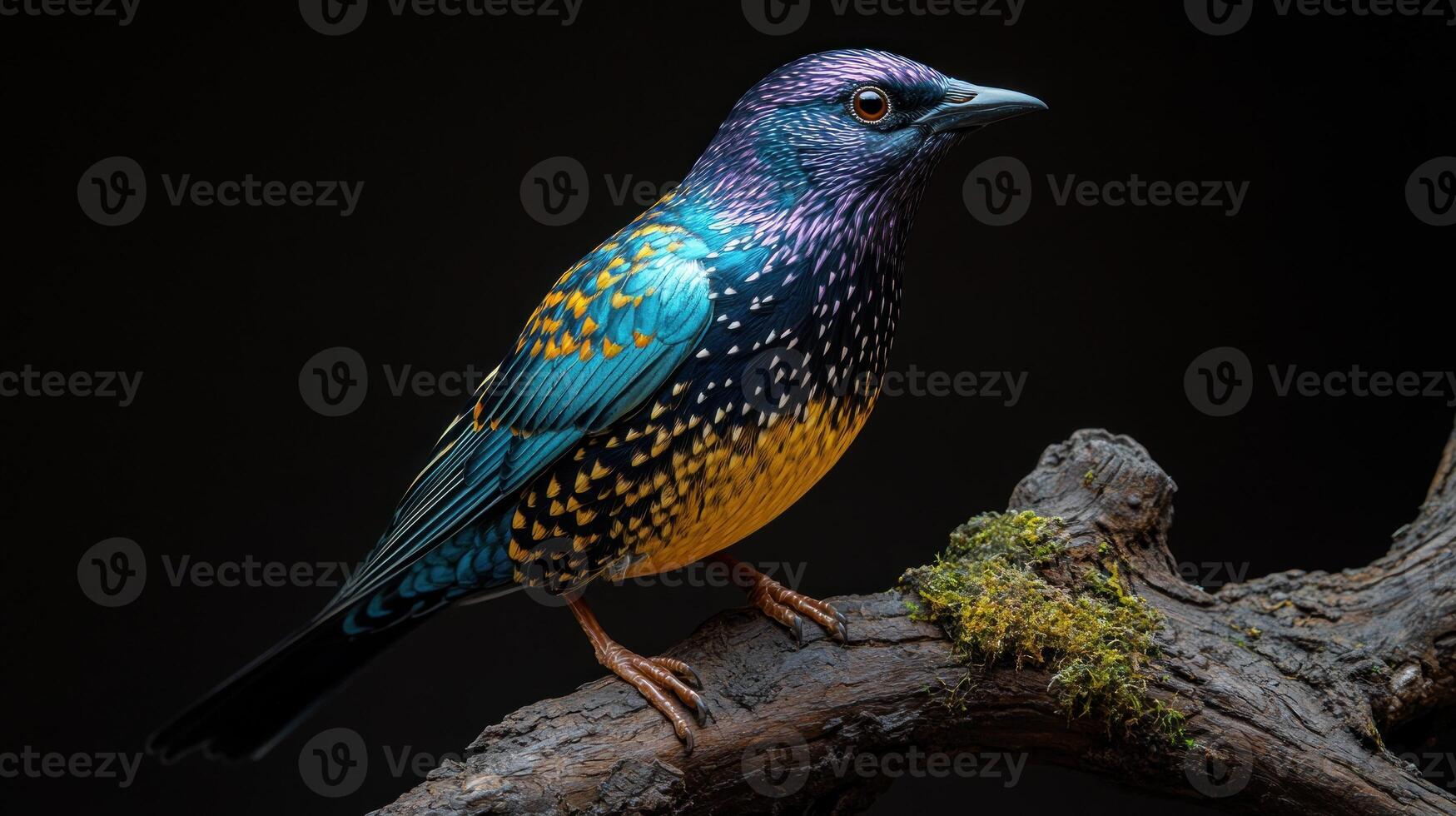 A beautiful bird with striking colors sits gracefully on a moss-covered branch photo