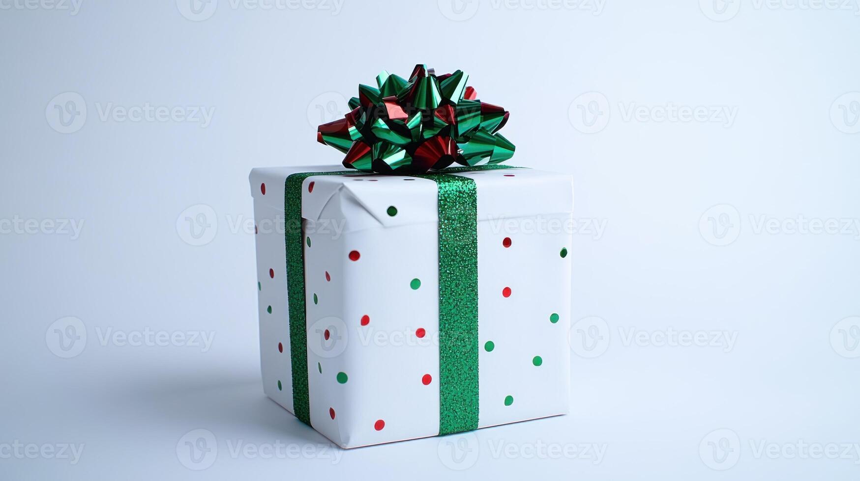 A beautifully wrapped gift with colorful dots and a bold bow, perfect for the holidays photo
