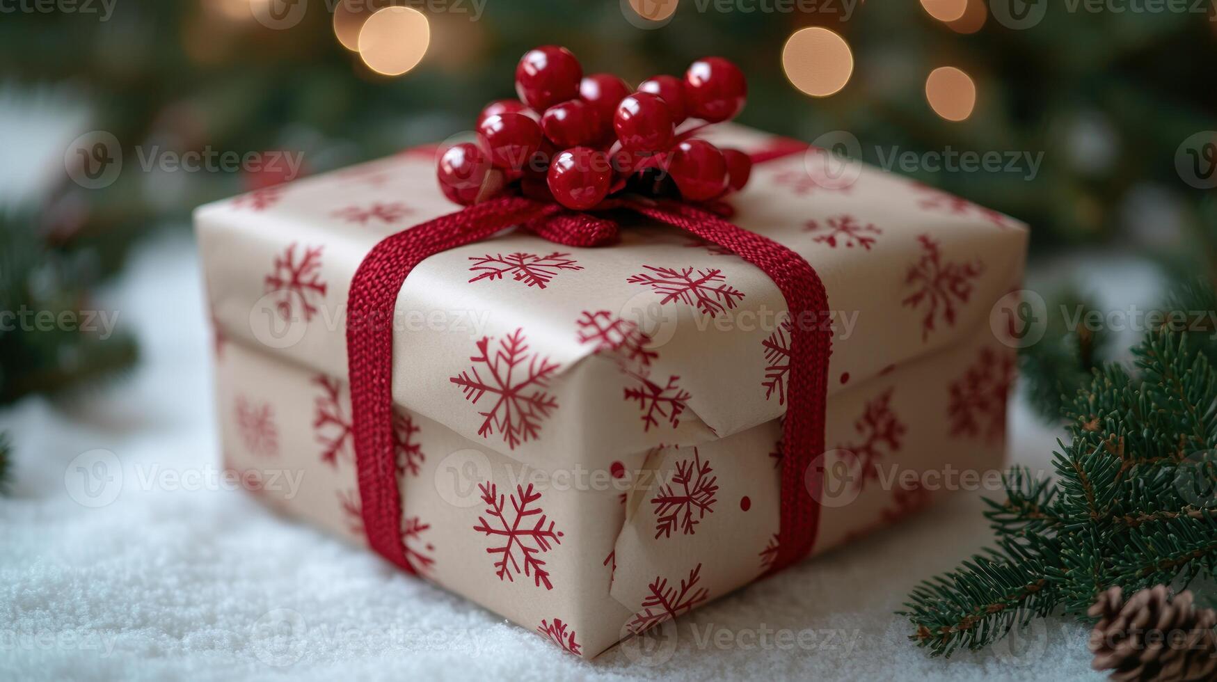 A wrapped gift with snowflakes sits on a soft surface, surrounded by festive decor photo