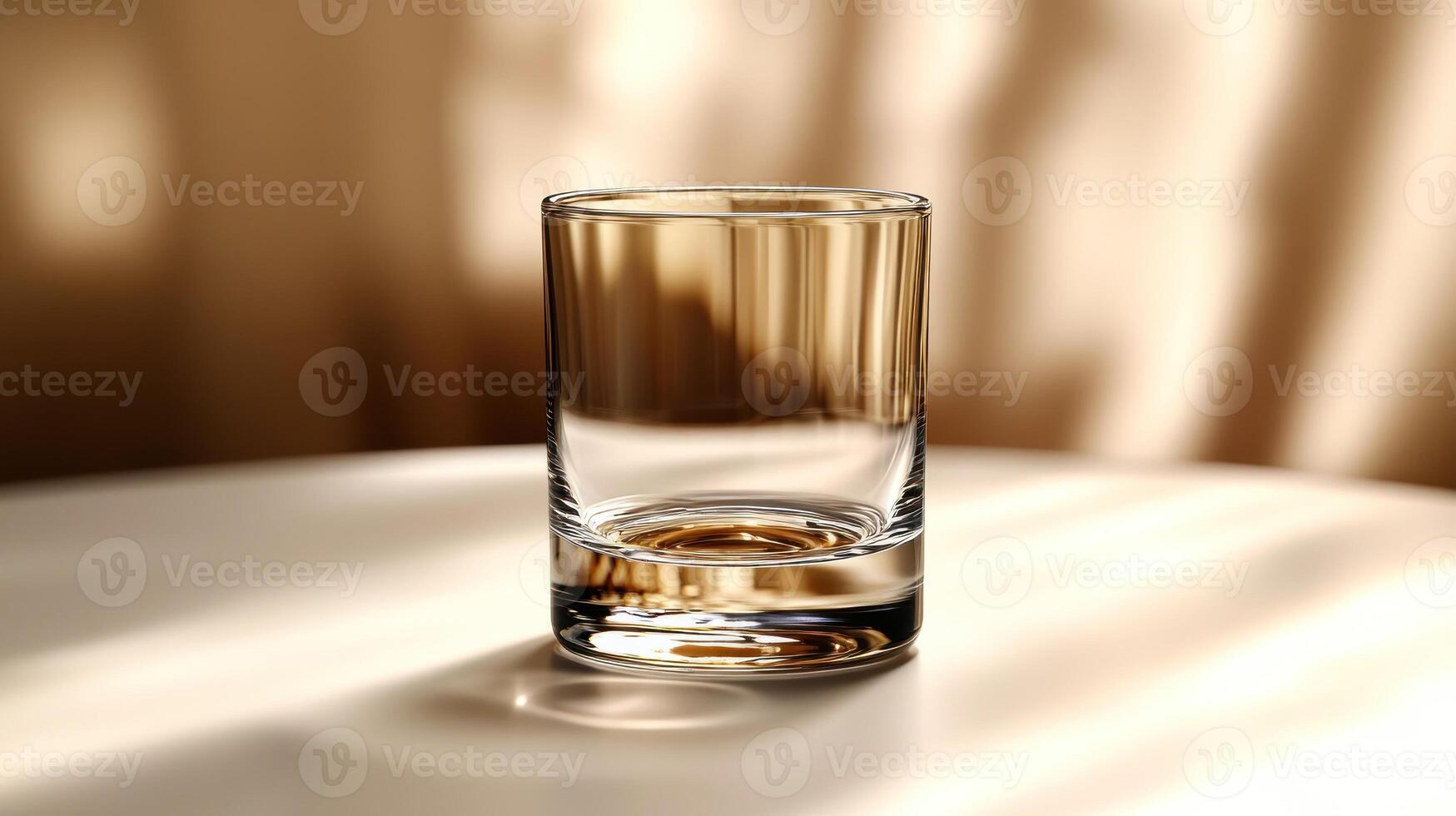 A clear glass sits on a smooth surface, capturing gentle sunlight and subtle reflections photo
