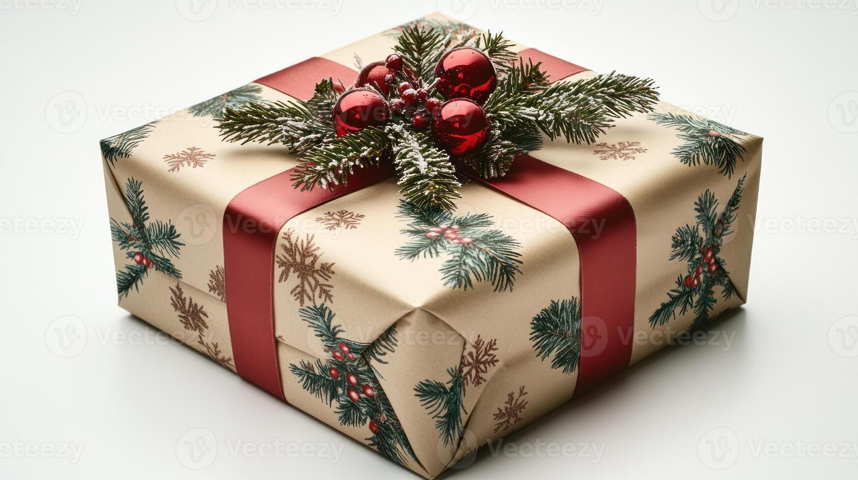 A beautifully wrapped gift with red ribbons and greenery awaits the festive occasion photo