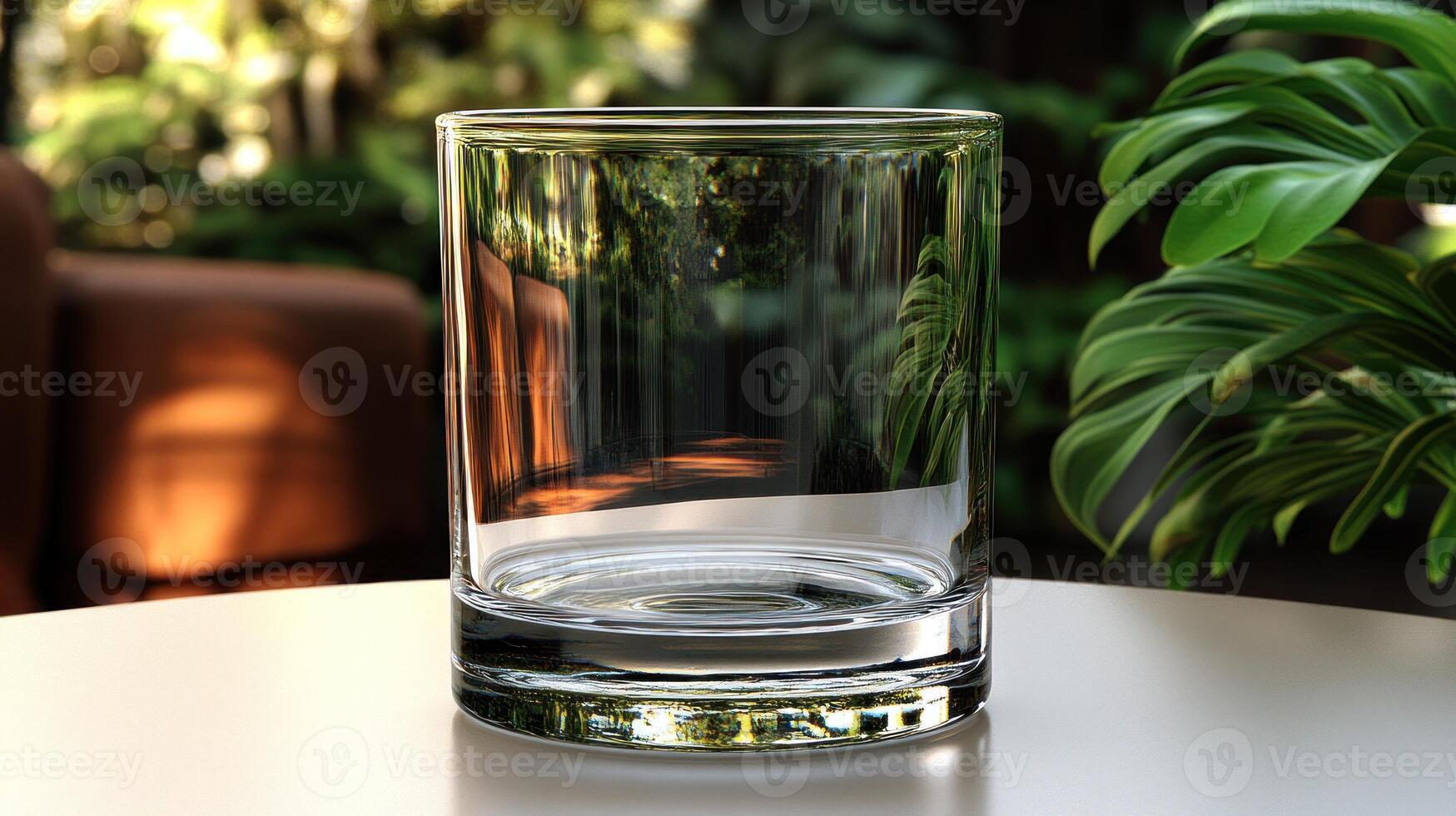 A crystal clear glass sits on a smooth table, illuminated by soft natural light from nearby foliage photo