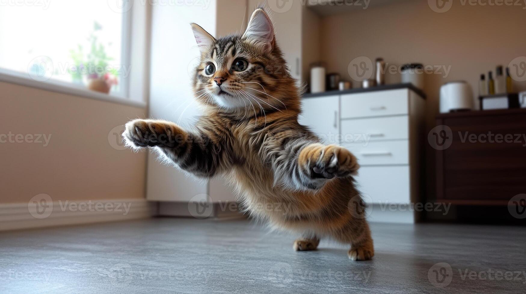 A playful cat leaps across a smooth kitchen floor, showing off its agility photo