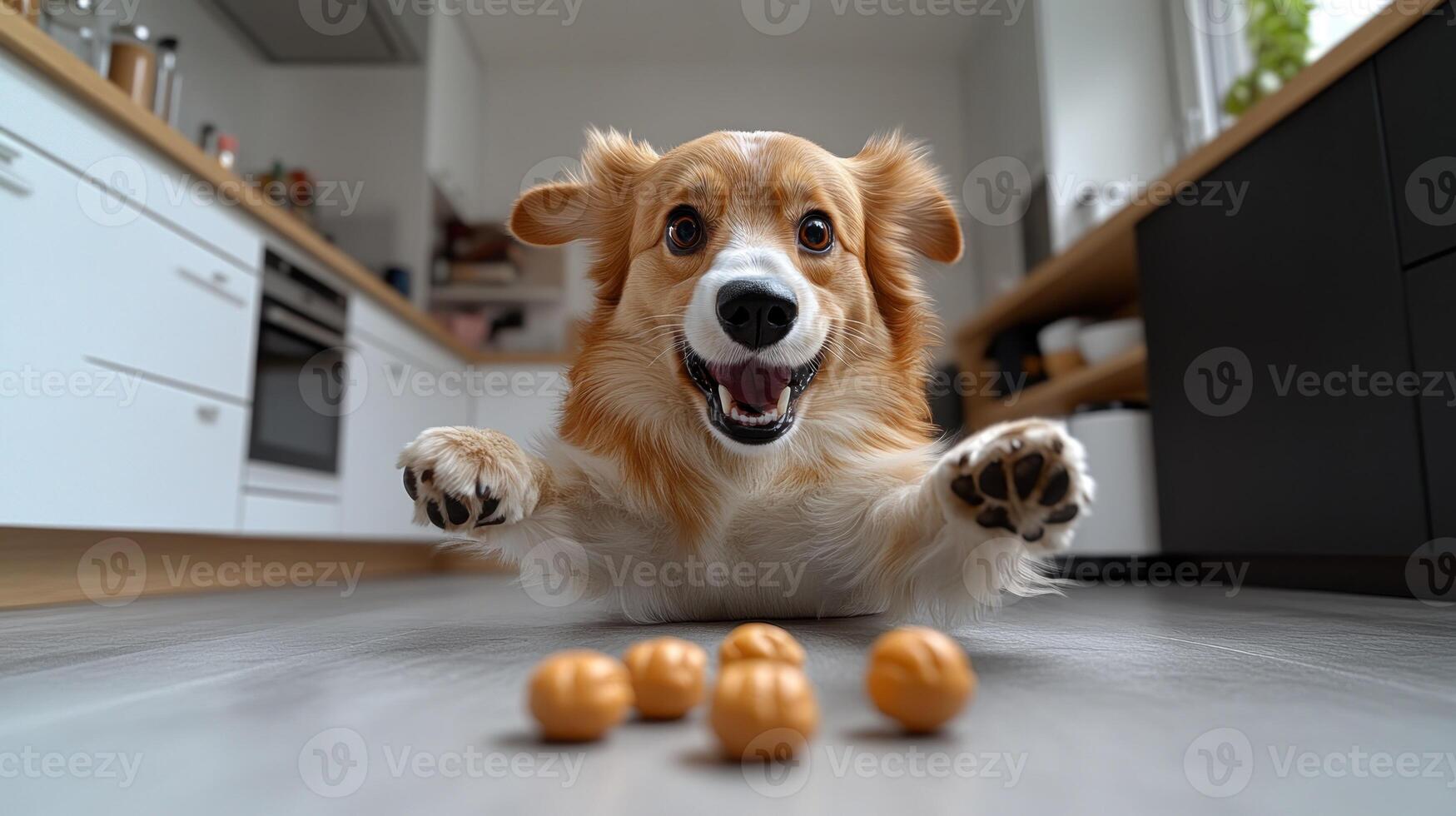 A playful corgi excitedly jumps towards scattered treats on a kitchen floor photo