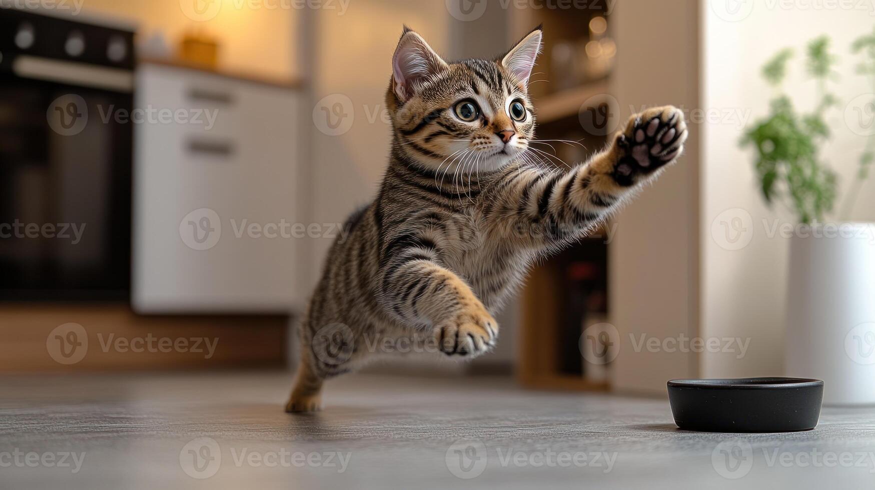 A curious kitten bounds excitedly toward its food bowl in a sunlit kitchen photo