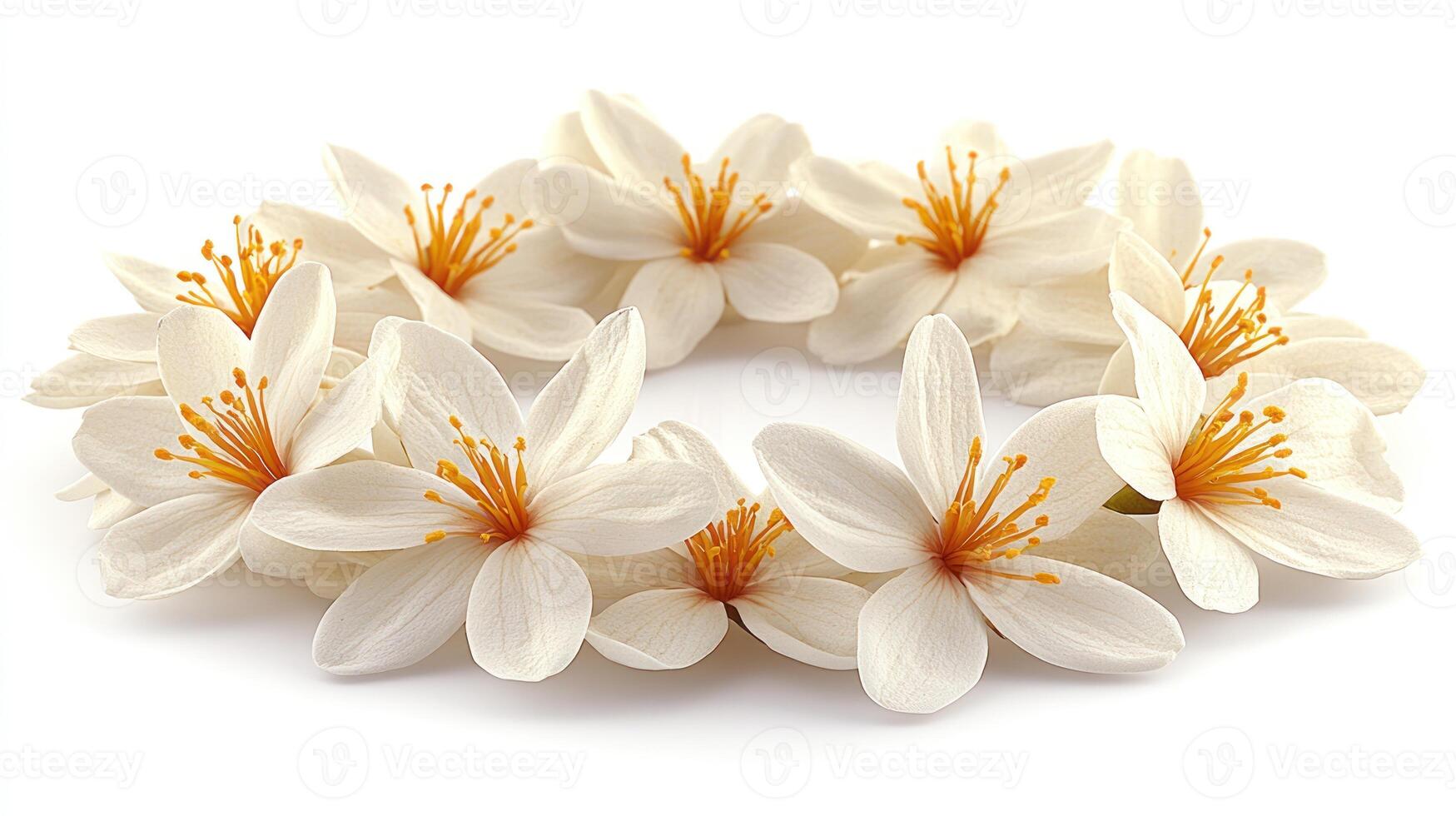 Elegant floral garland with soft white petals and golden stamens, ideal for celebrations photo
