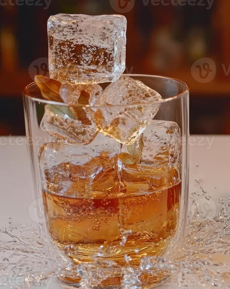 Sparkling liquid and ice collide in a glass, creating a refreshing and vibrant atmosphere photo