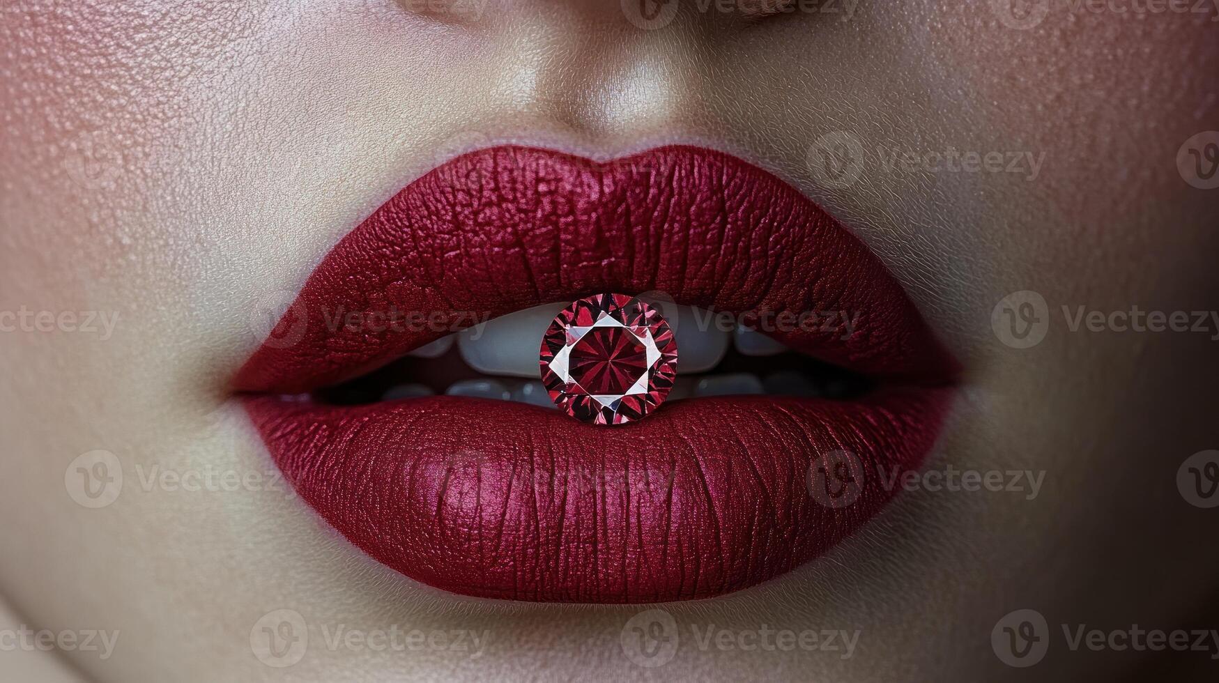 Bold crimson lips feature a radiant gem, capturing the essence of glamour and artistic expression photo