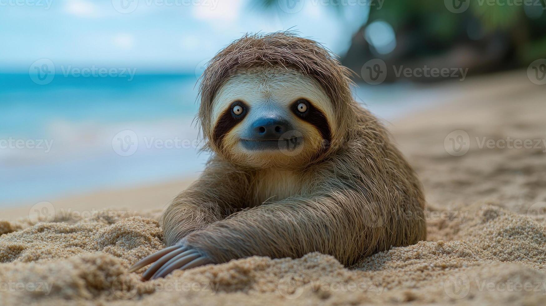 A friendly sloth relaxes on warm sand by the ocean, soaking up the sun and tranquility photo