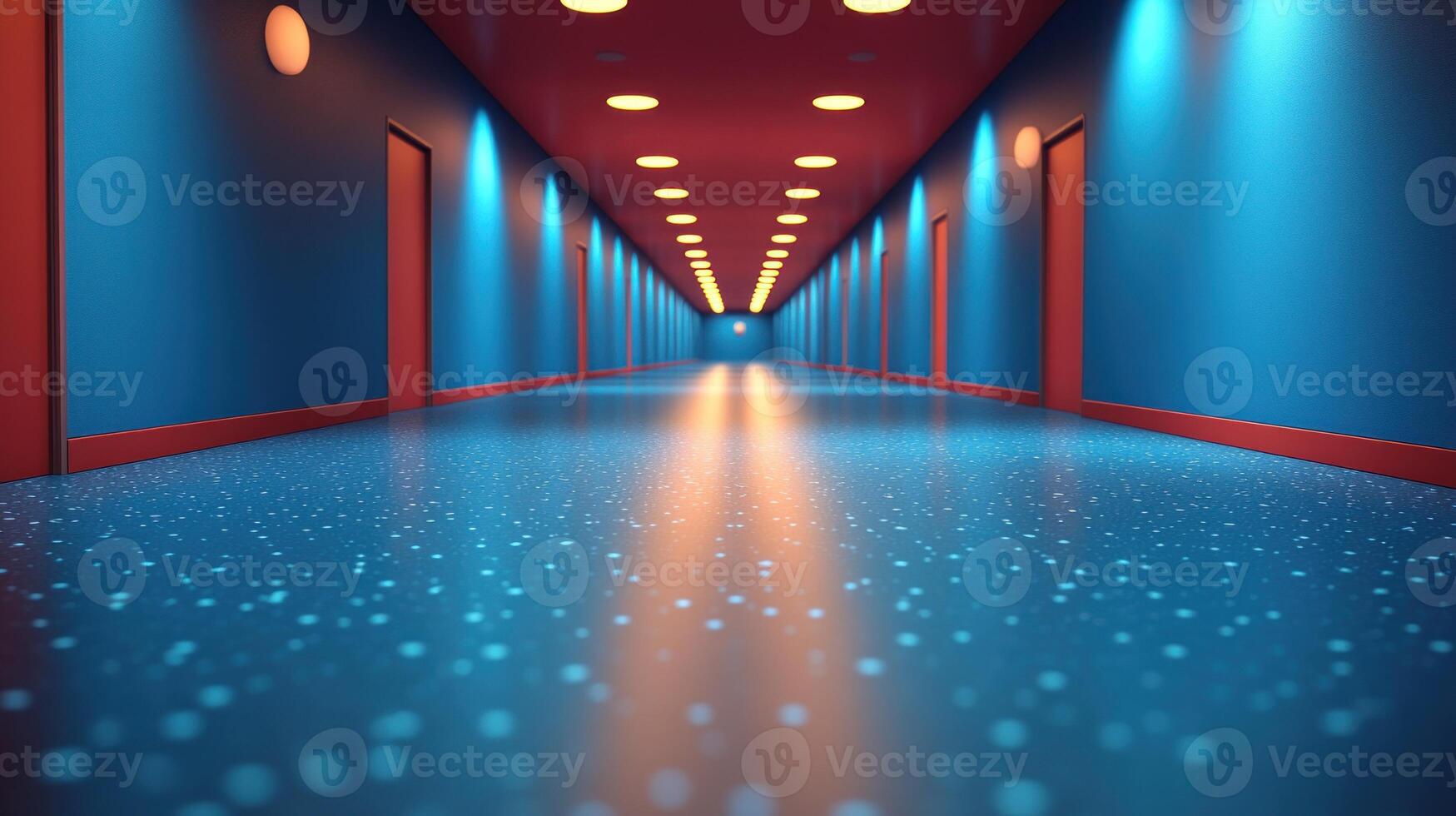 A stunning corridor filled with bright blue and red lights invites exploration and creativity photo