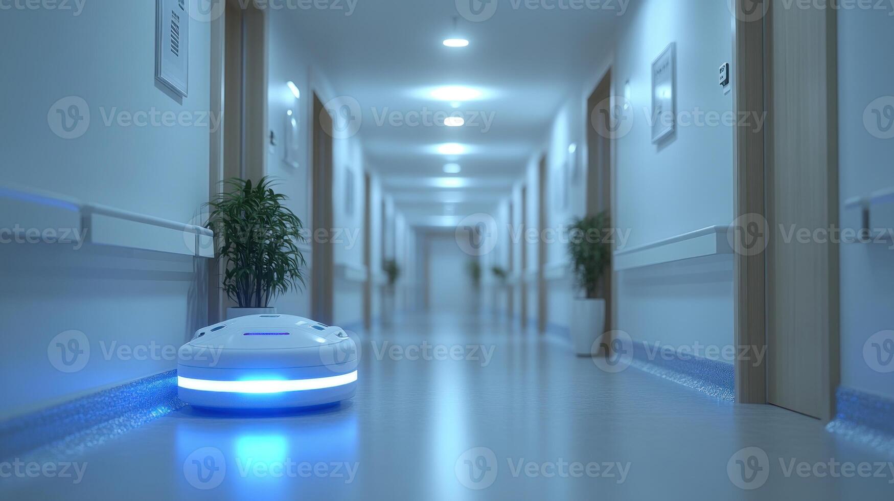 A futuristic robot glides through a well-lit hospital corridor, ensuring cleanliness and efficiency photo