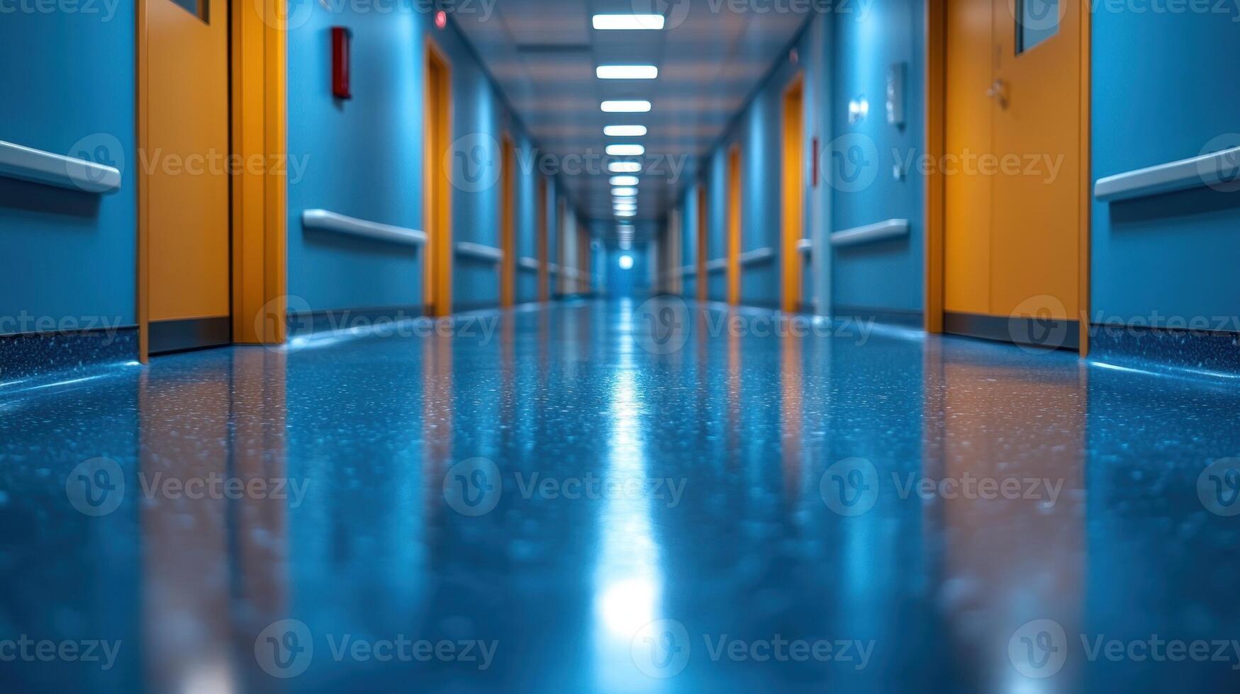 Brightly colored hallway showcases a serene atmosphere with polished floors and vivid door frames photo