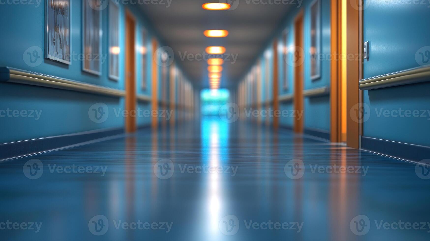 A spacious corridor adorned with blue walls and warm lighting invites calmness as night falls photo