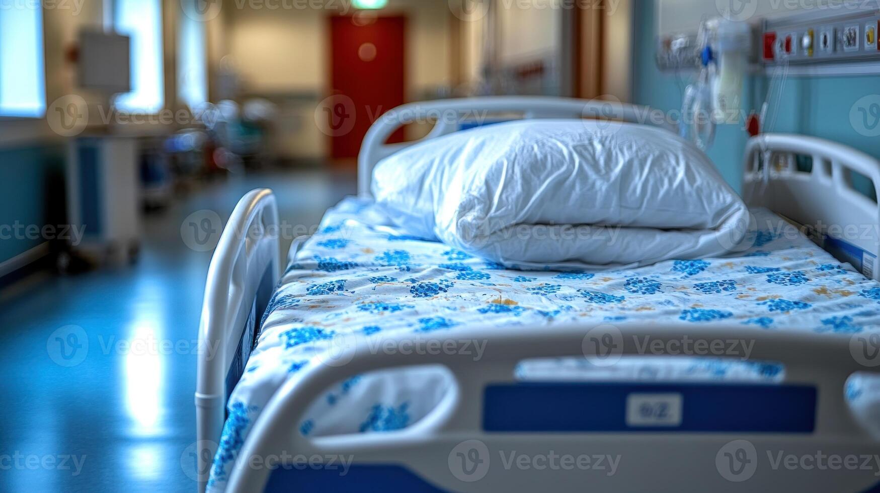An empty hospital bed awaits a patient in a serene corridor filled with soft light photo