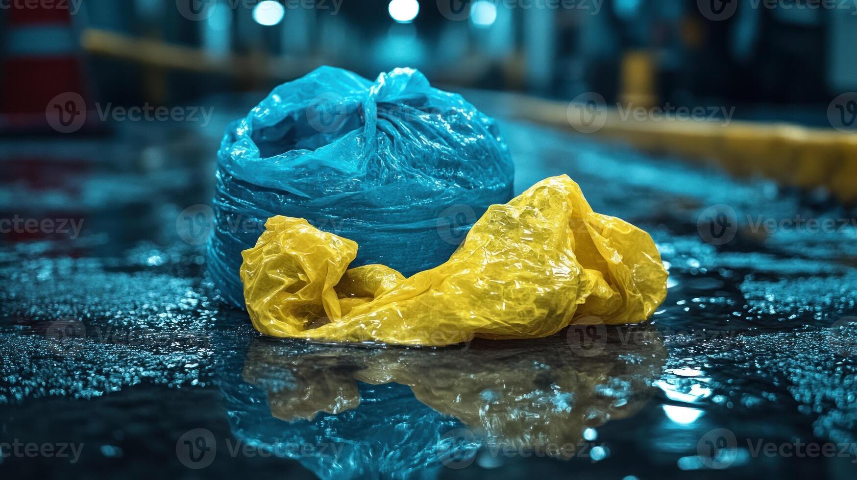 Vibrant blue and yellow plastic bags lay on a slick surface reflecting city lights after rain photo