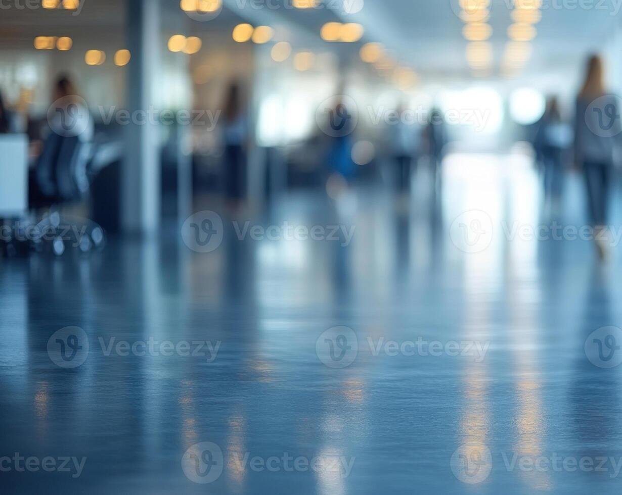 People move in a spacious office, their silhouettes merging with soft light and reflections photo