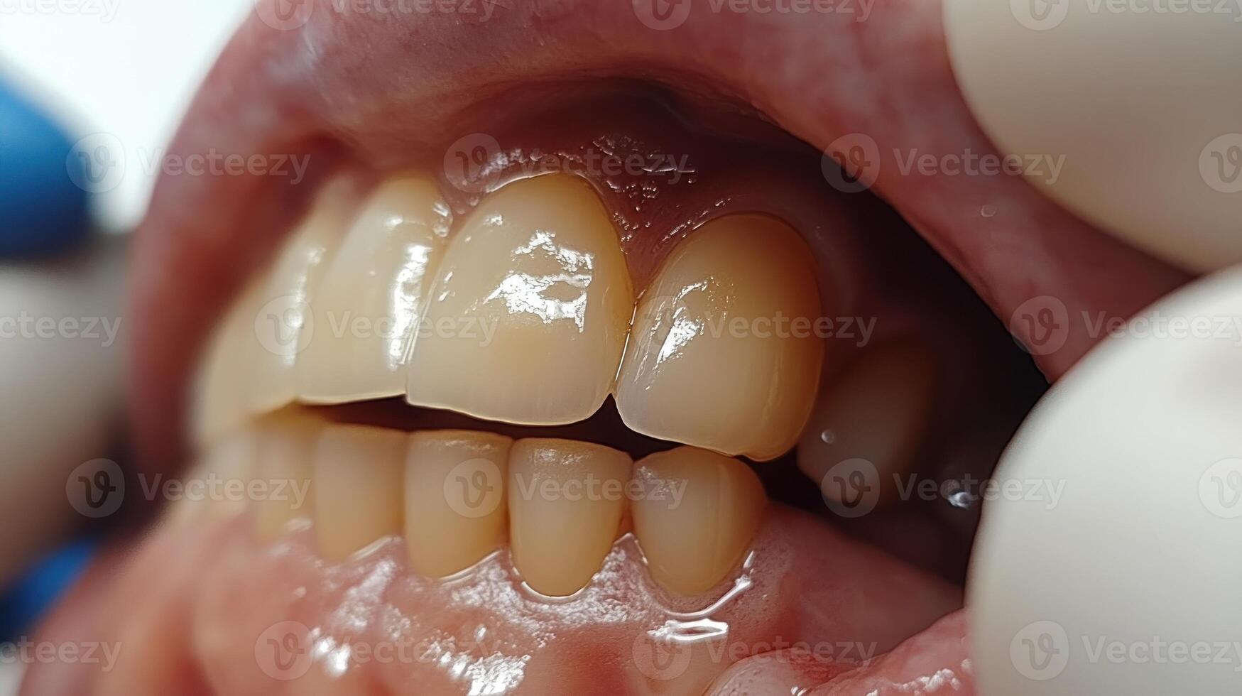 A dentist checks a patient's teeth in a clinical setting for oral health and hygiene photo