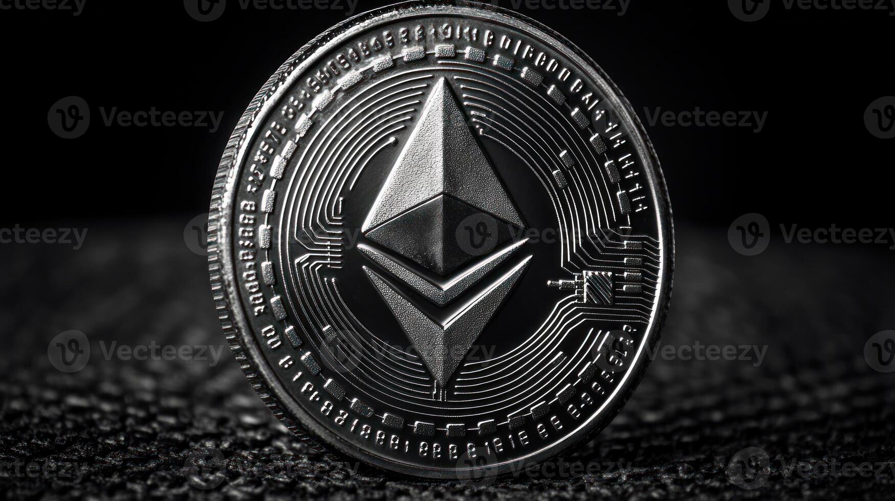 A gleaming ethereum coin displays detailed circuitry and the iconic logo in low light photo