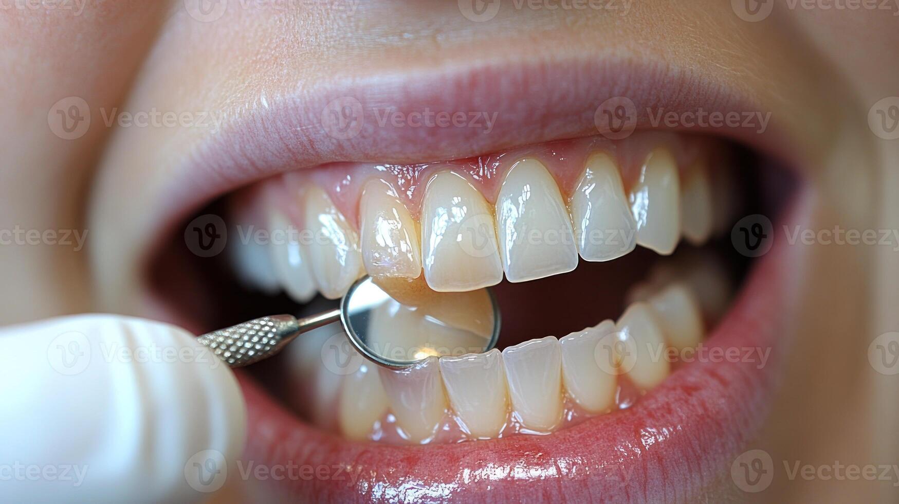 A dentist examines a patient's teeth with precision tools in a cheerful clinic setting photo