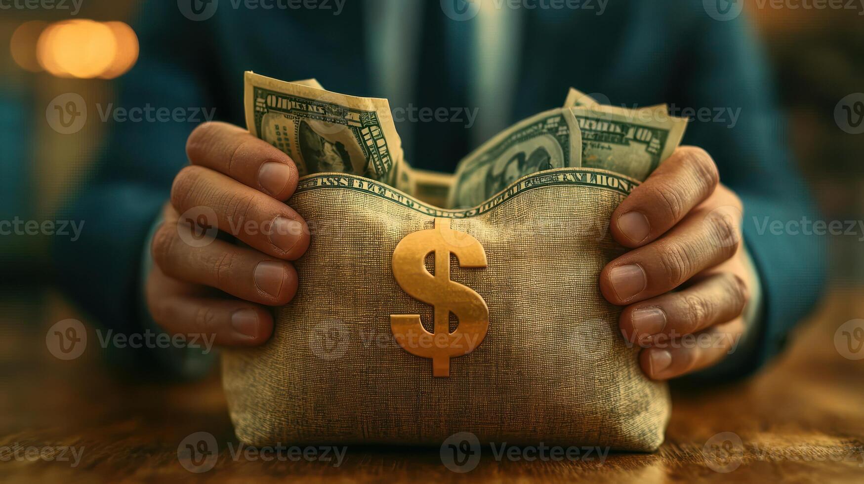 Hands cradle a burlap pouch filled with cash, radiating a sense of abundance and prosperity photo