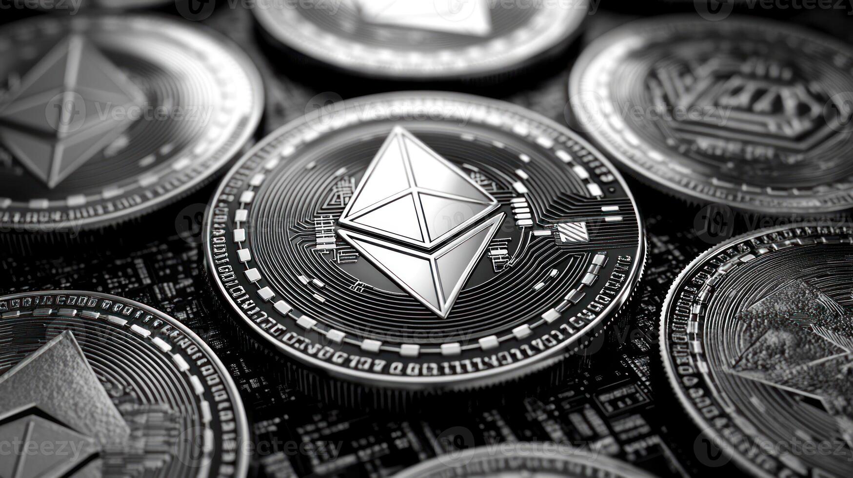 Various cryptocurrency coins are displayed, highlighting the Ethereum symbol prominently photo