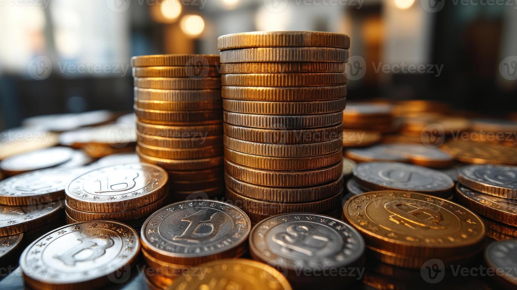 Tall piles of coins catch glimmers of light, creating an inviting atmosphere in a financial space photo
