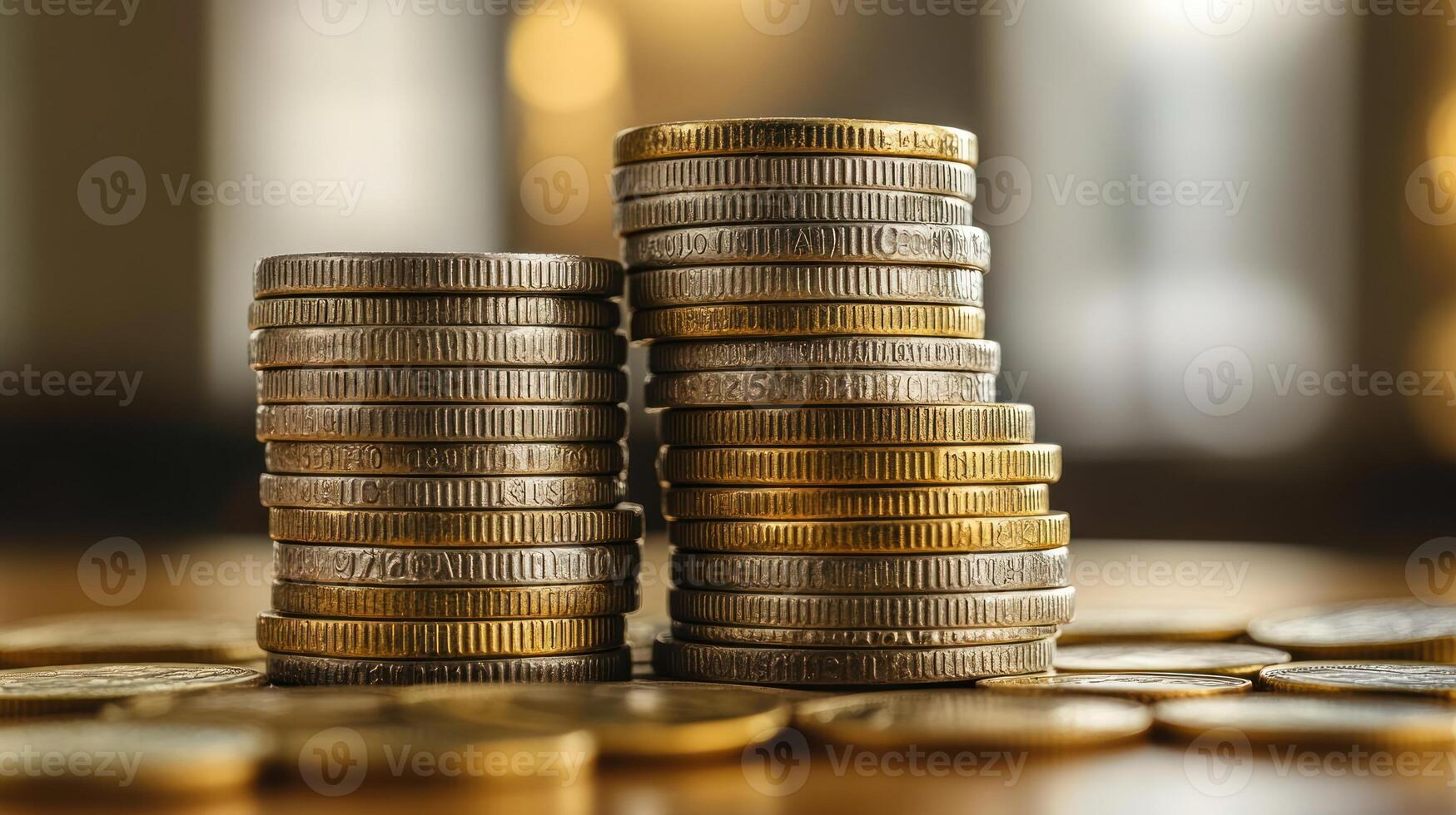 Shiny coins are neatly stacked on a wooden surface, reflecting soft, warm light in a cozy setting photo