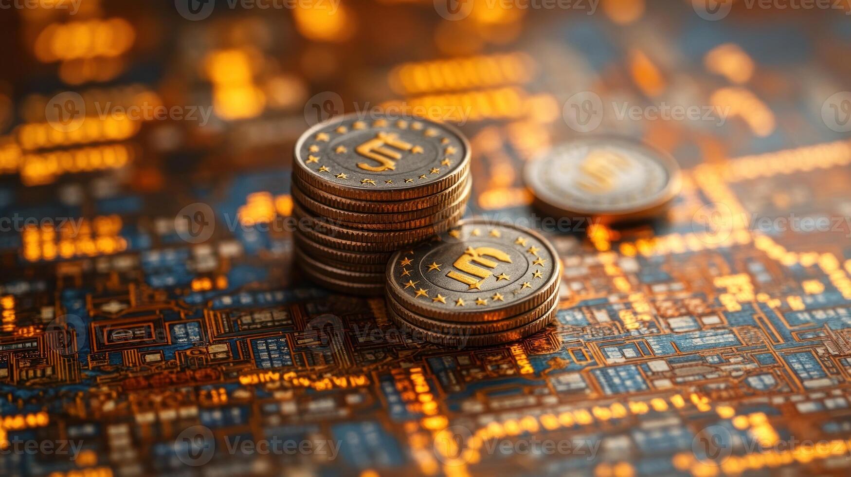 Coins rest on a bright circuit board, glowing warmly and symbolizing digital finance photo