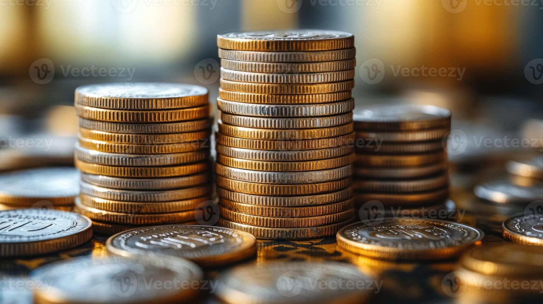 Gleaming coins are carefully stacked, capturing warm light in a serene indoor atmosphere photo