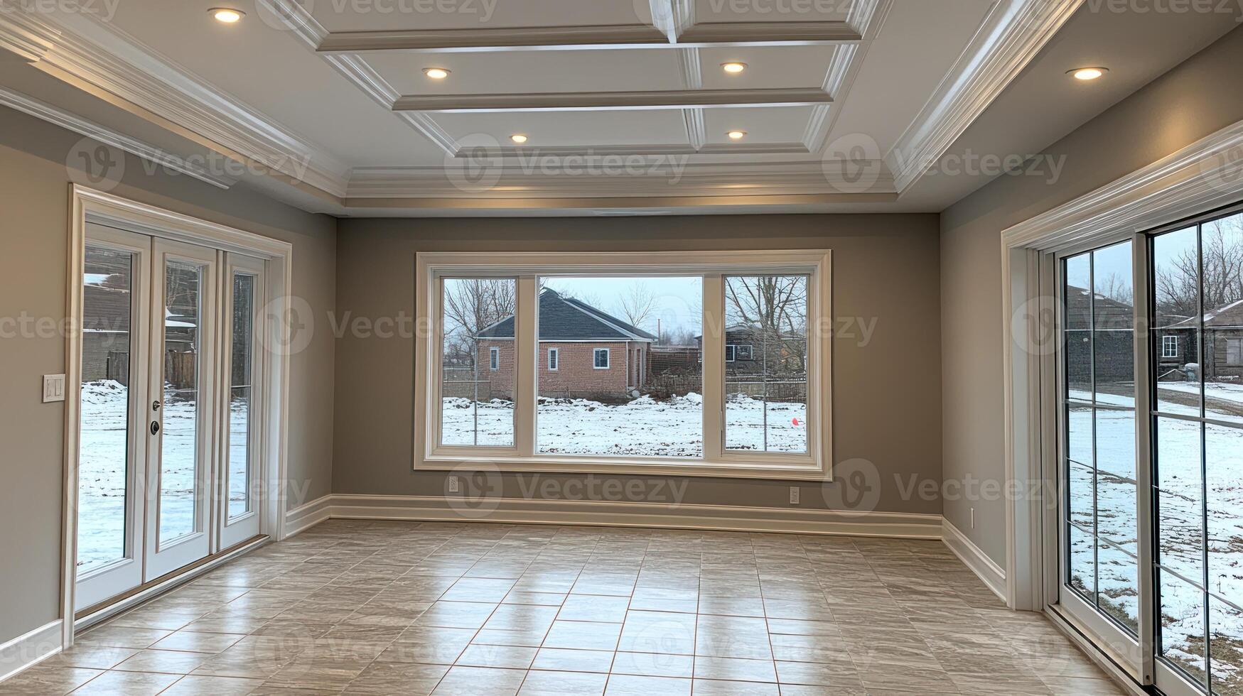 Bright living room with coffered ceiling and large windows showcasing winter views photo
