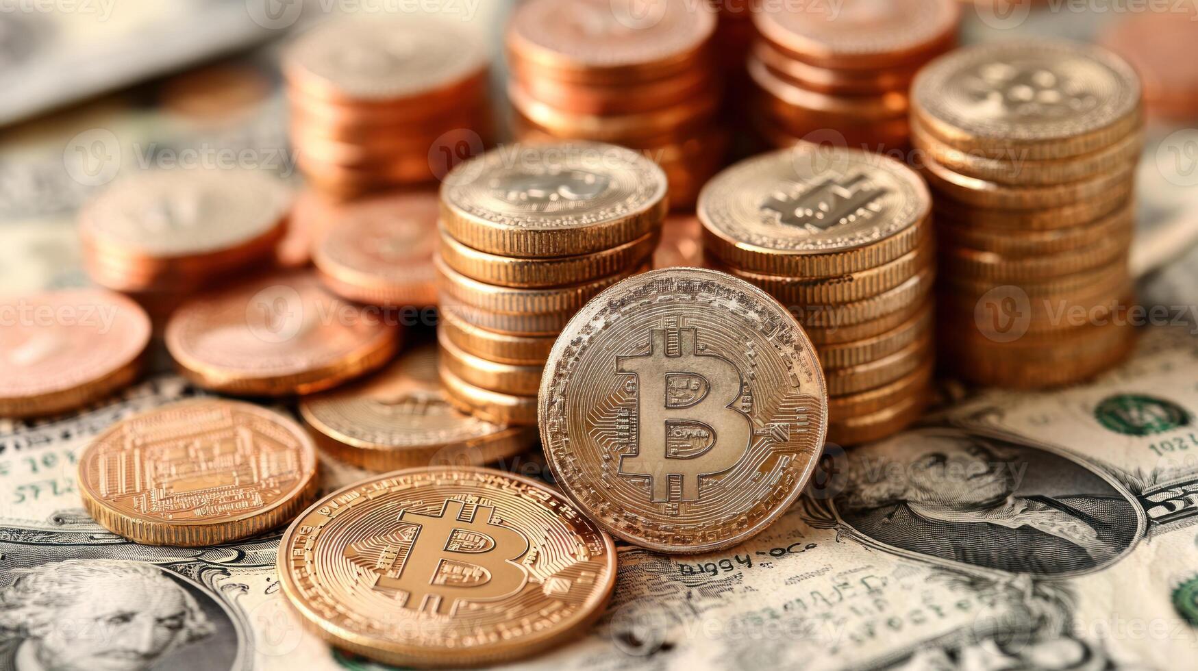 Stacks of coins and banknotes illustrate the blend of digital and traditional currencies today photo