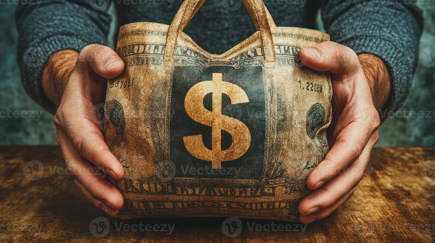 Hands gently embrace a money bag designed with dollar symbols, symbolizing prosperity and wealth photo
