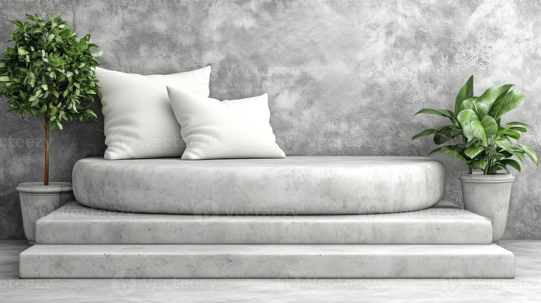 A sleek, round concrete couch with white pillows is set against a textured wall, accented by plants photo
